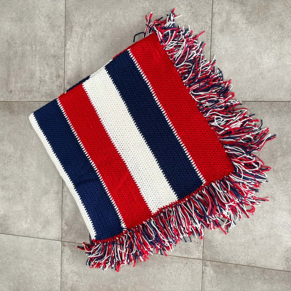 Red White Blue Striped Crochet Throw Blanket Fringe American Patriotic Boho Knit